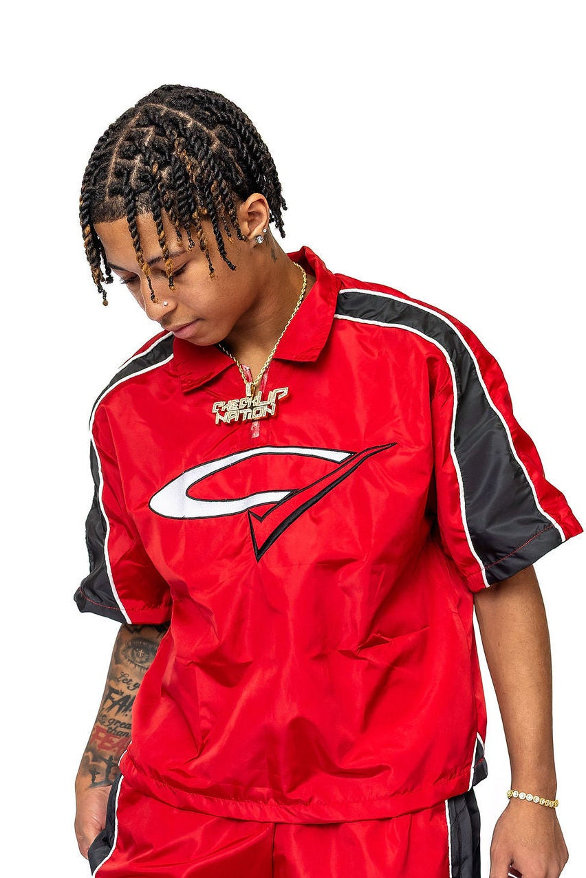 "Red Check" Nylon Quarter Zip Short Sleeve Top