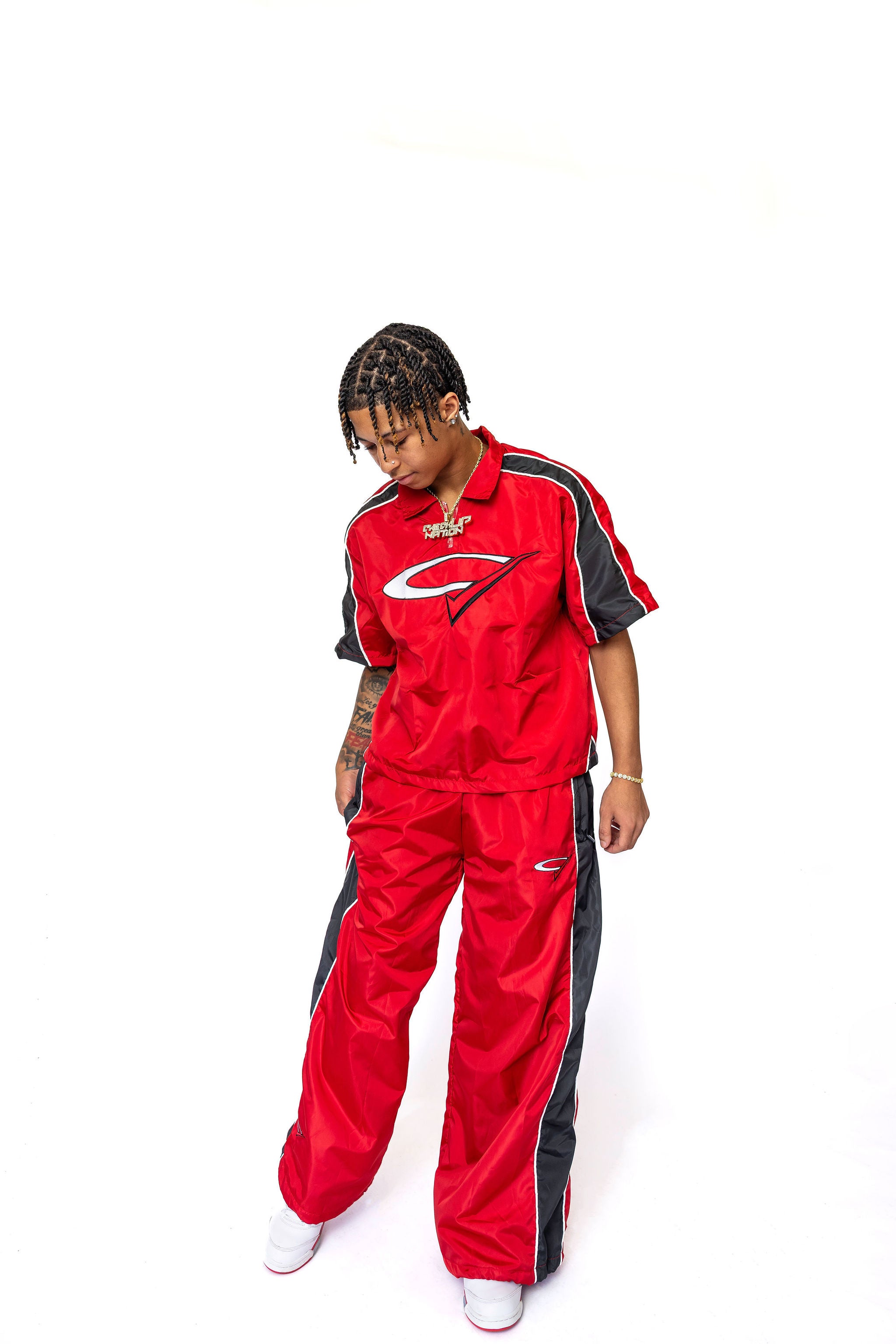 "Red Check" Nylon Quarter Zip Short Sleeve Top